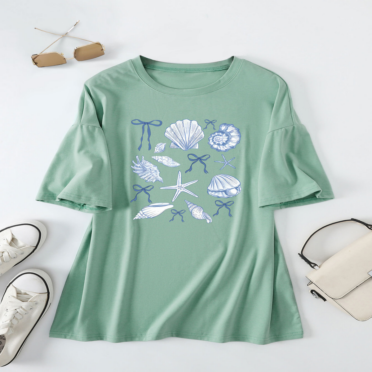 Cute Bow Print T-Shirt for Women, Shell Neckline
