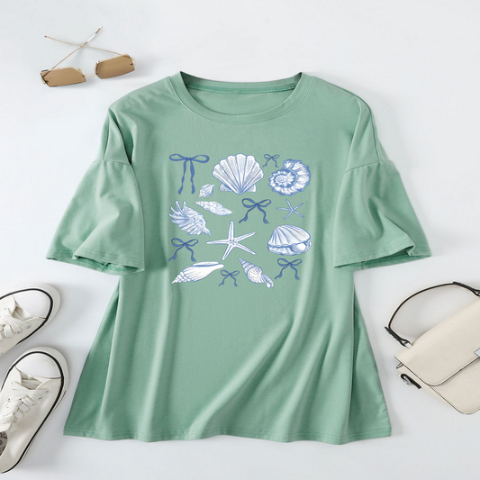 Cute Bow Print T-Shirt for Women, Shell Neckline
