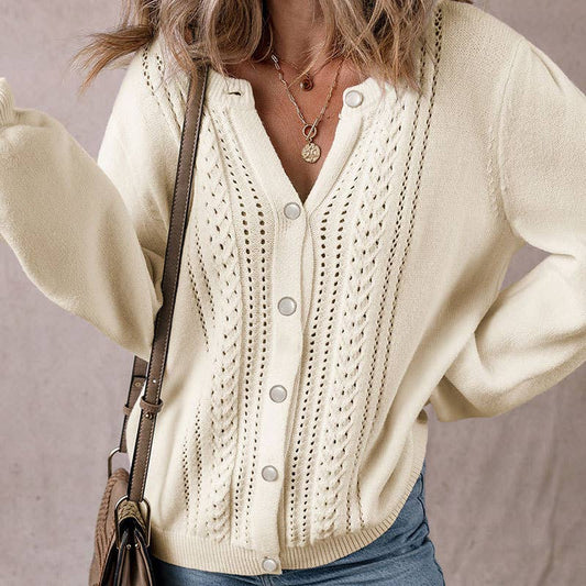 Solid-color cut-out V-neck cardigan