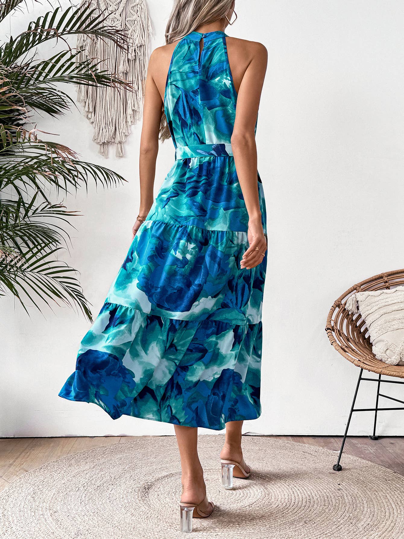 Fashion elegant printed halter sleeveless dress