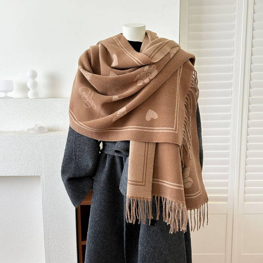 CWASC03140_REVERSIBLE HEART BEAR SCARF WINTER WARM SHAWL