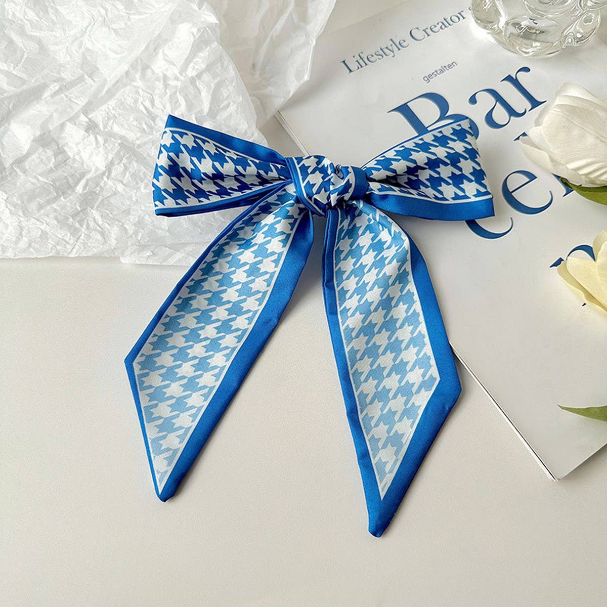 BOW TIED HAIR BLUE SILK SCARF_CWASC0731