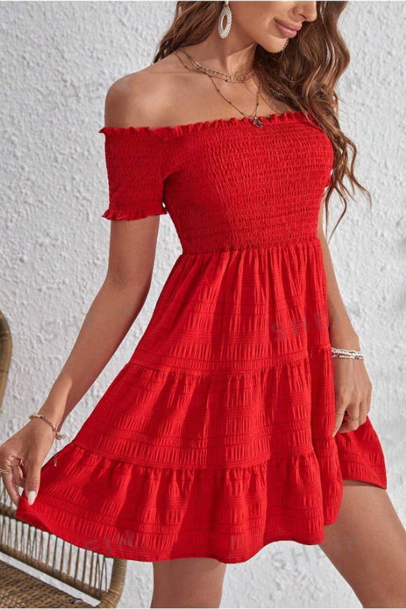 CWDSD8535_OFF SHOULDER RUFFLE TRIM PATCHWORK DRESS