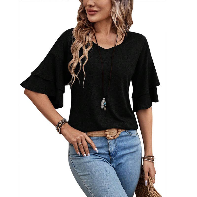 SOLID COLOR V-NECK DOUBLE-SLEEVED BAGGY BLOUSE
