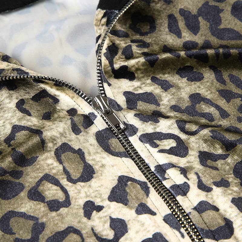 TURTLENECK RIBBED PATCHWORK LEOPARD VELVET JACKET