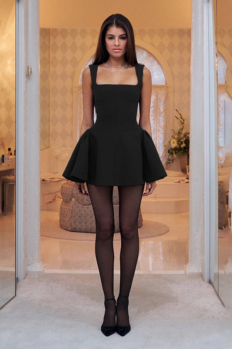 CWDSD6720_SOLID SQUARE NECK FITTED A-LINE TANK DRESS