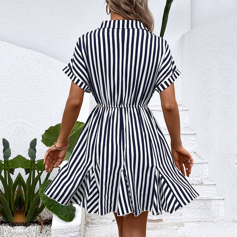 Lapel striped lace-up shirt dress
