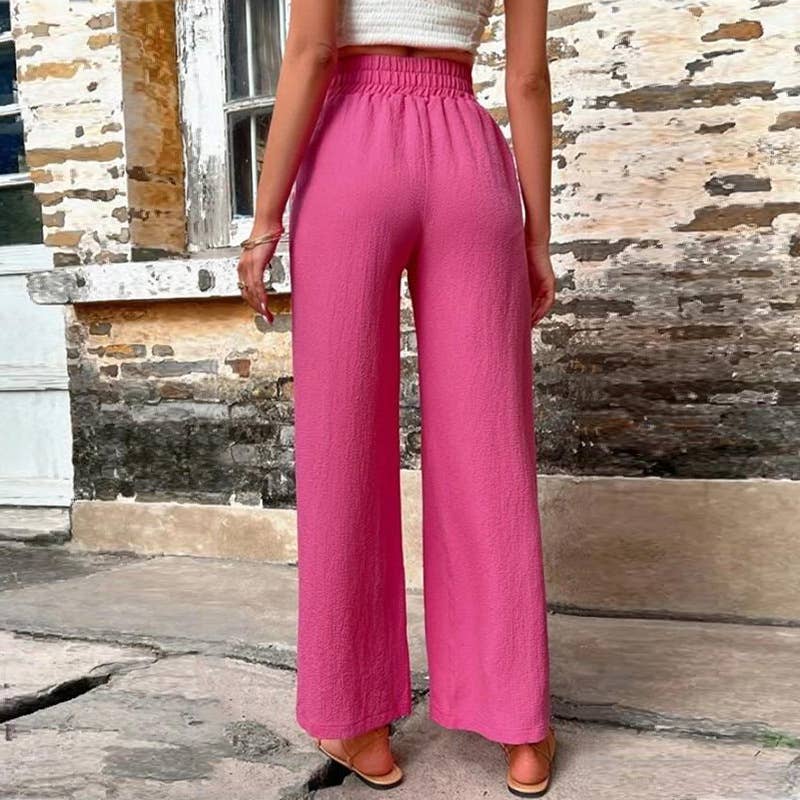 High Waist Elastic Straight Pants with Pockets
