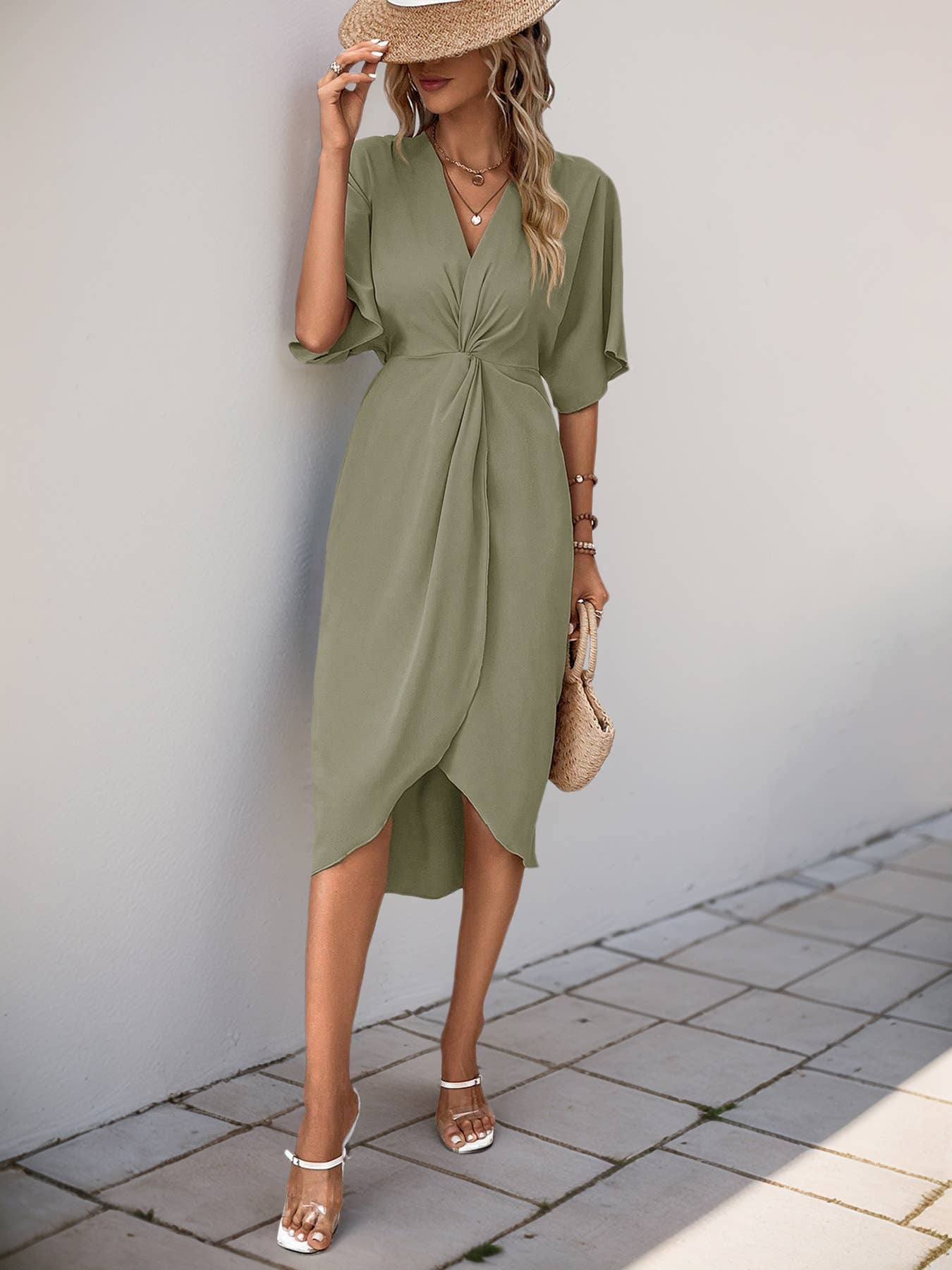 Solid color irregular waist slit mid-length dress