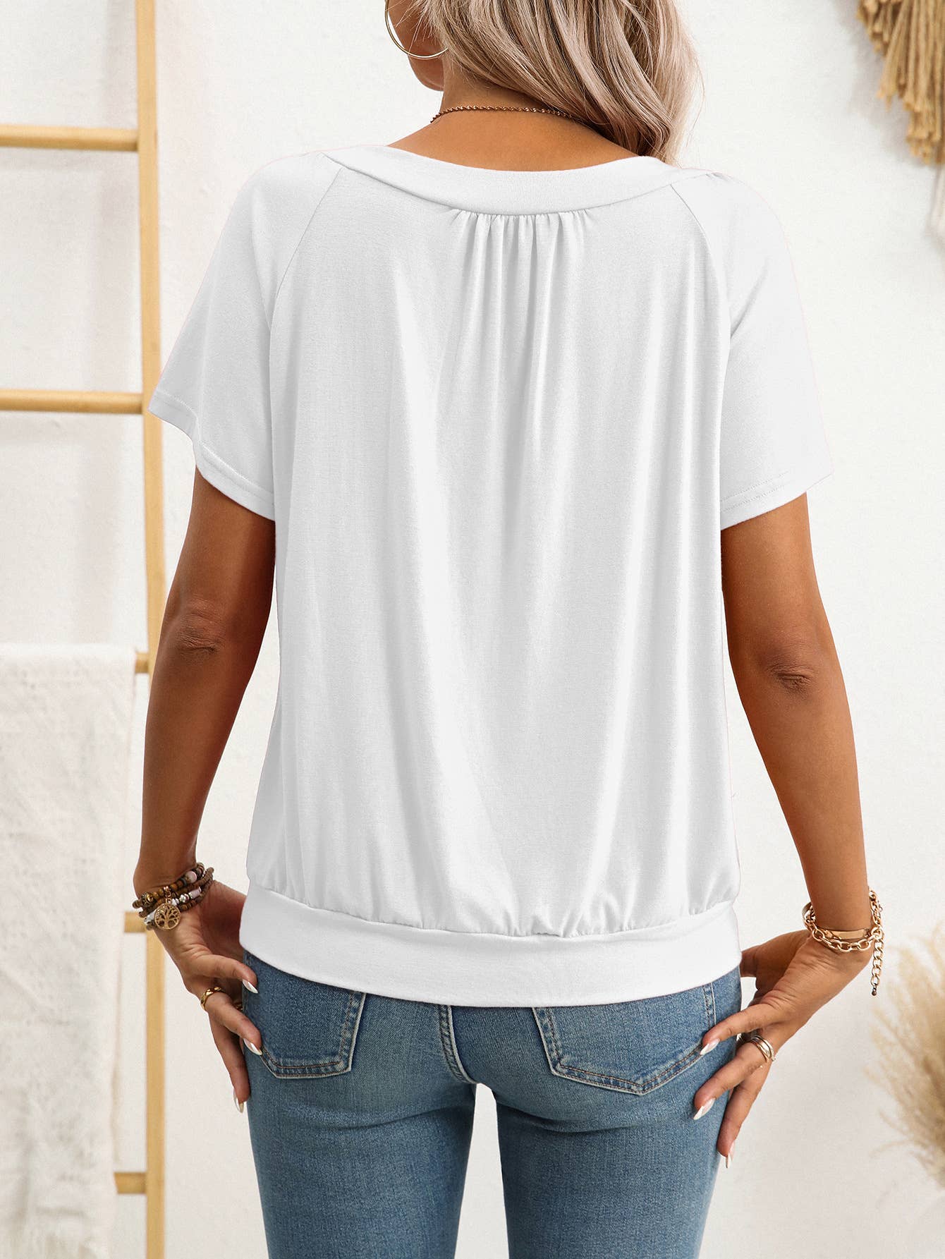 V-neck pleated loose short-sleeved cotton Top