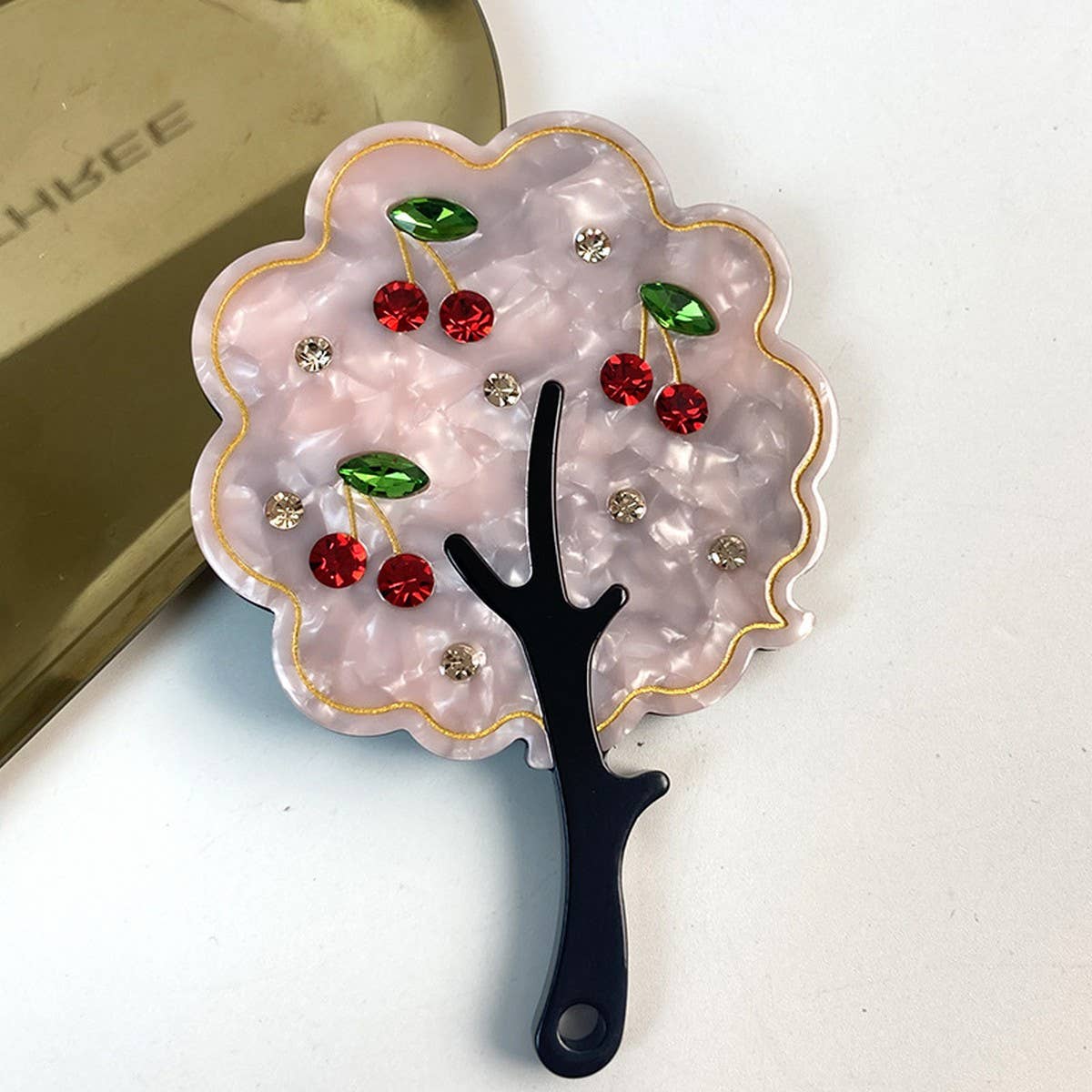 Fashionable Rhinestone Handle Mirror, Tree Design