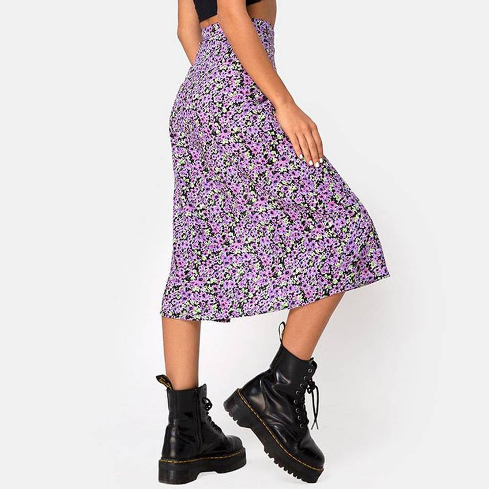 Floral High Waist Slit Midi A-Line Skirt