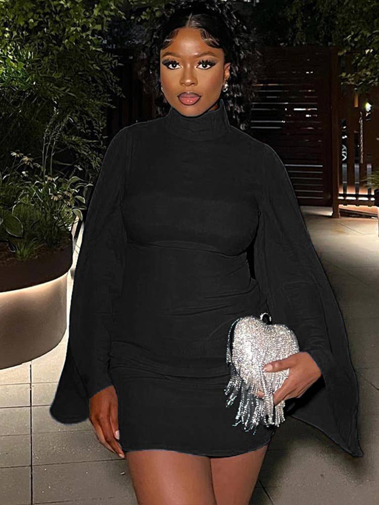 STYLISH TURTLENECK SOLID COLOR WRAP HIP DRESS