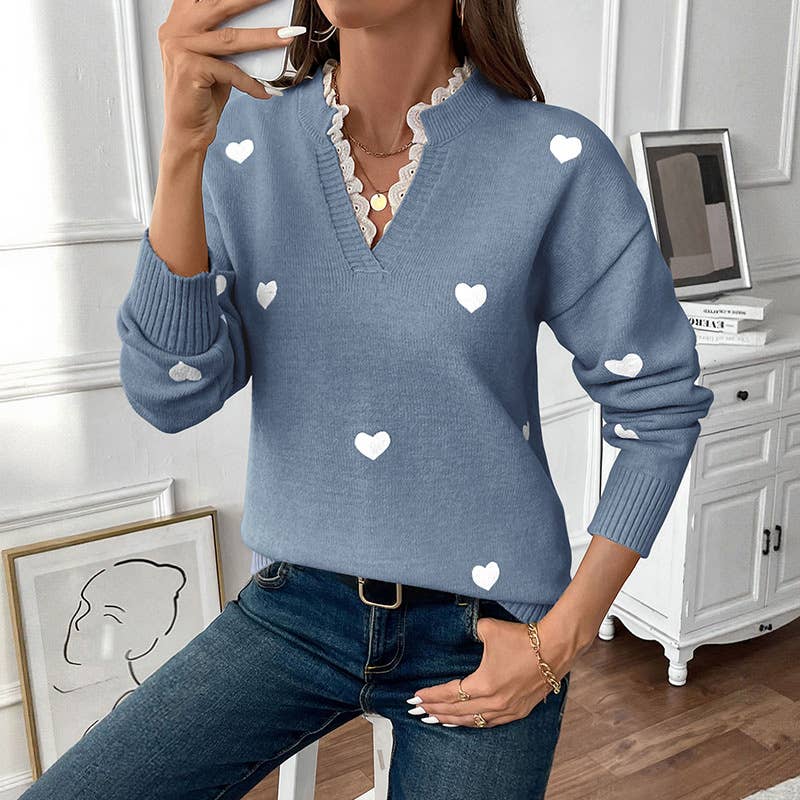Valentine's Day V-neck lace knitted sweater