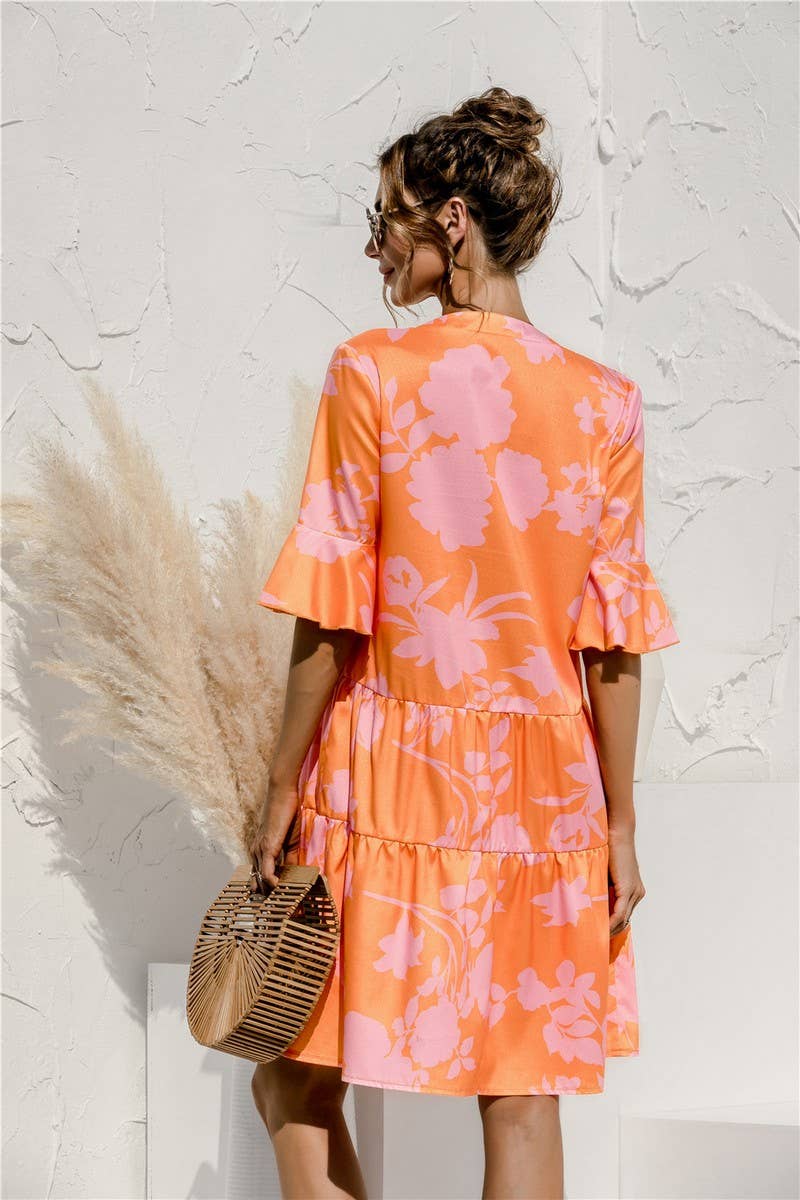 V NECK FLARED SLEEVE PATCHWORK DRESS_CWDSD2463