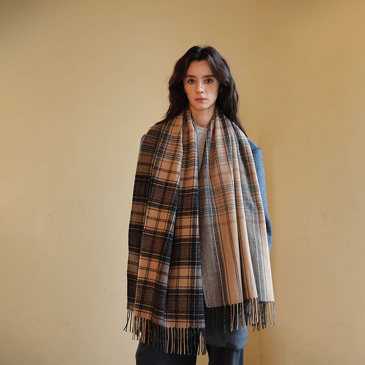 Melange Check Wool Scarf Double-Sided Shawl Unisex