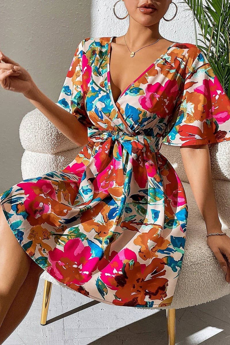 CWDSD6964_FLORAL PRINT CROSSOVER NECK BELTED DRESS