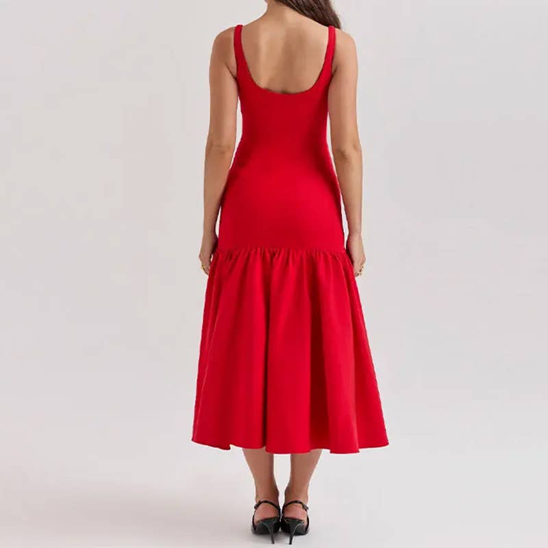 Sexy U-neck backless solid color hip wrap dress