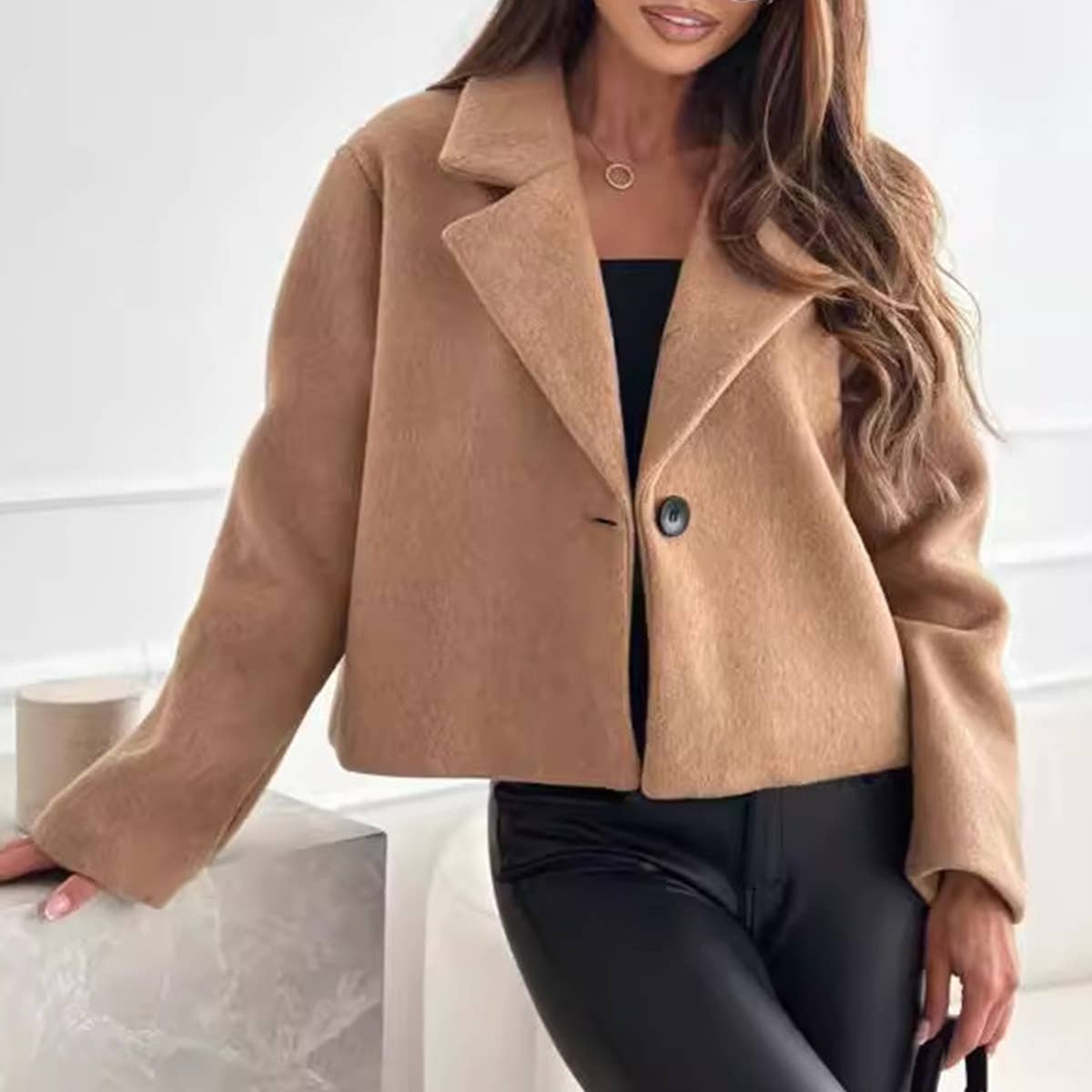 SUIT COLLAR SOLID COLOR SINGLE BUTTON WOOLEN COAT