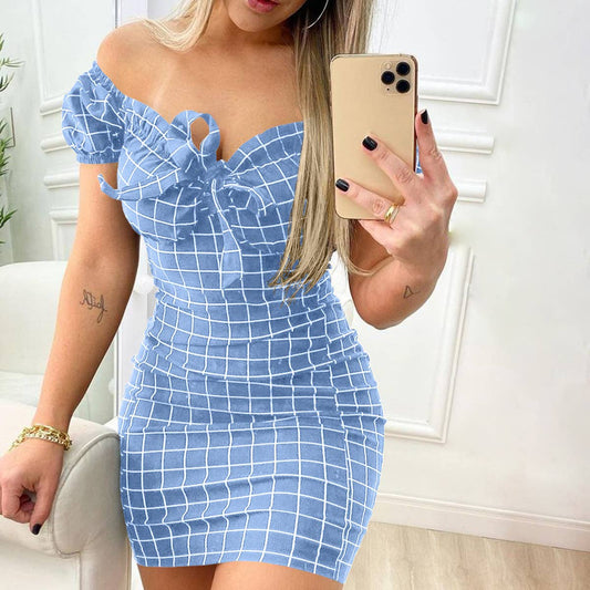 PLAID PRINT OFF-THE-SHOULDER SEXY HIP WRAP DRESS