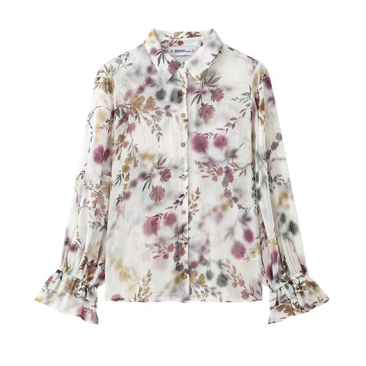 Long sleeve metallic thread print lapel shirt