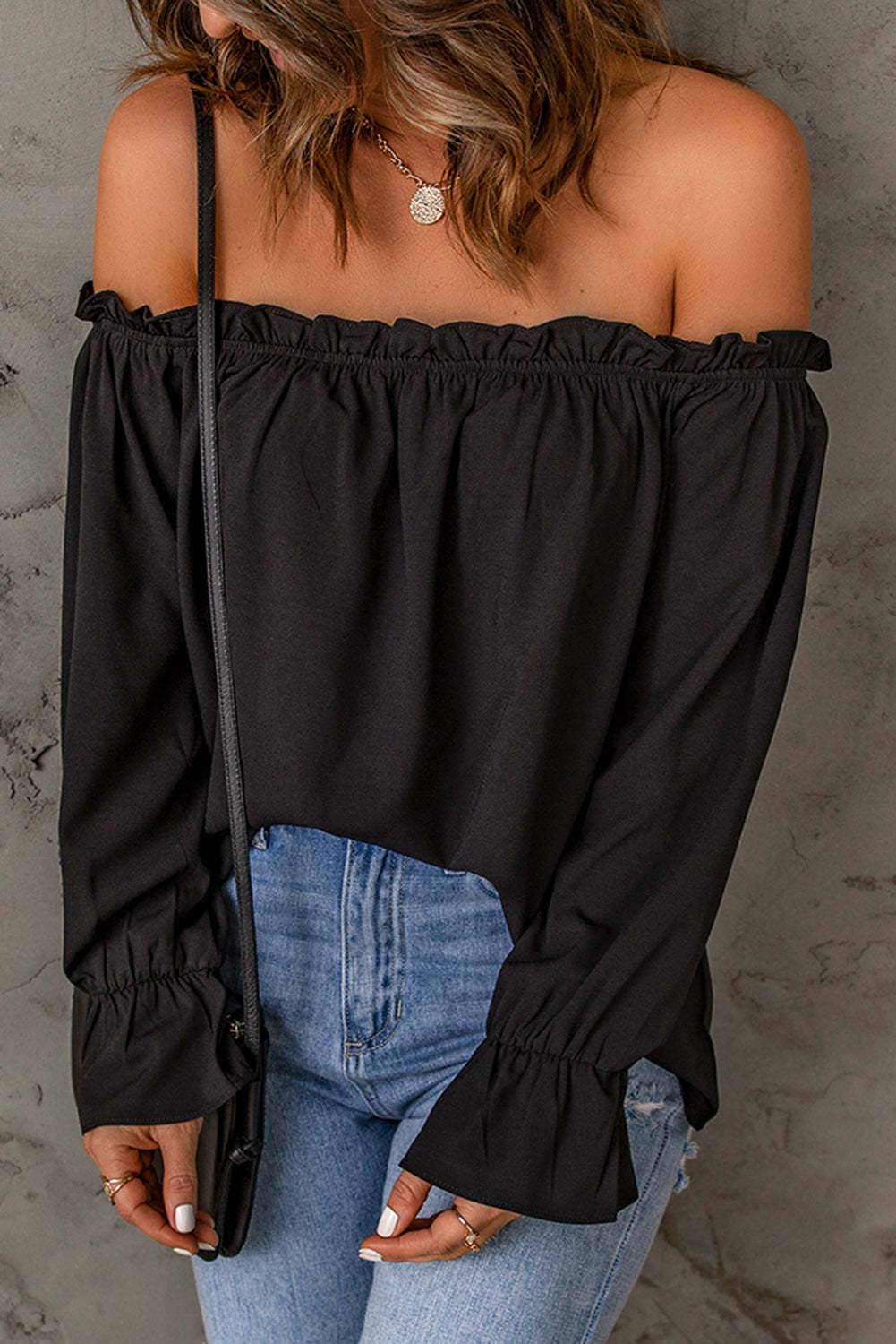 Solid-color pullover sexy off-the-shoulder shirt