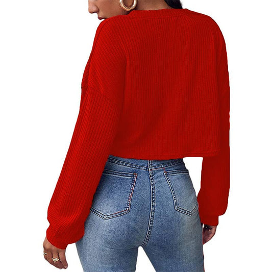 SOLID COLOR V-NECK CROP LONG SLEEVE SWEATER