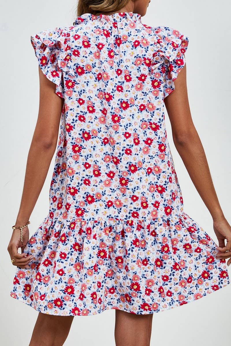 CWDSD7425_RUFFLED SLEEVELESS V-NECK PRINTED LAYERED DRESS