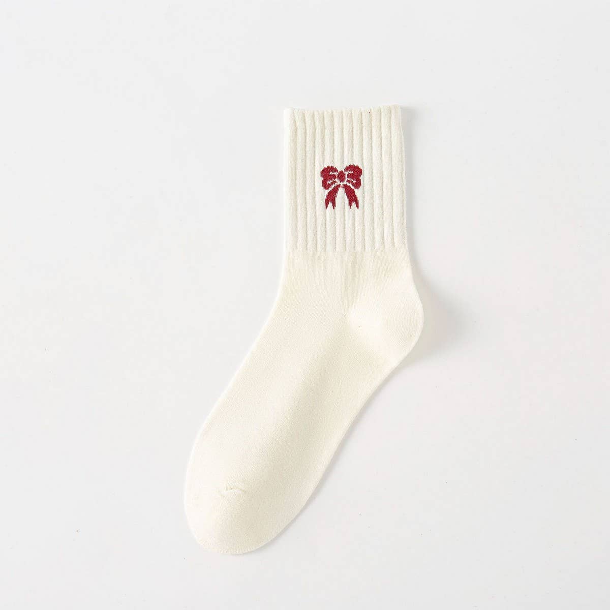 Red Bow Cotton Crew Socks for Women, Striped_CWMS1371