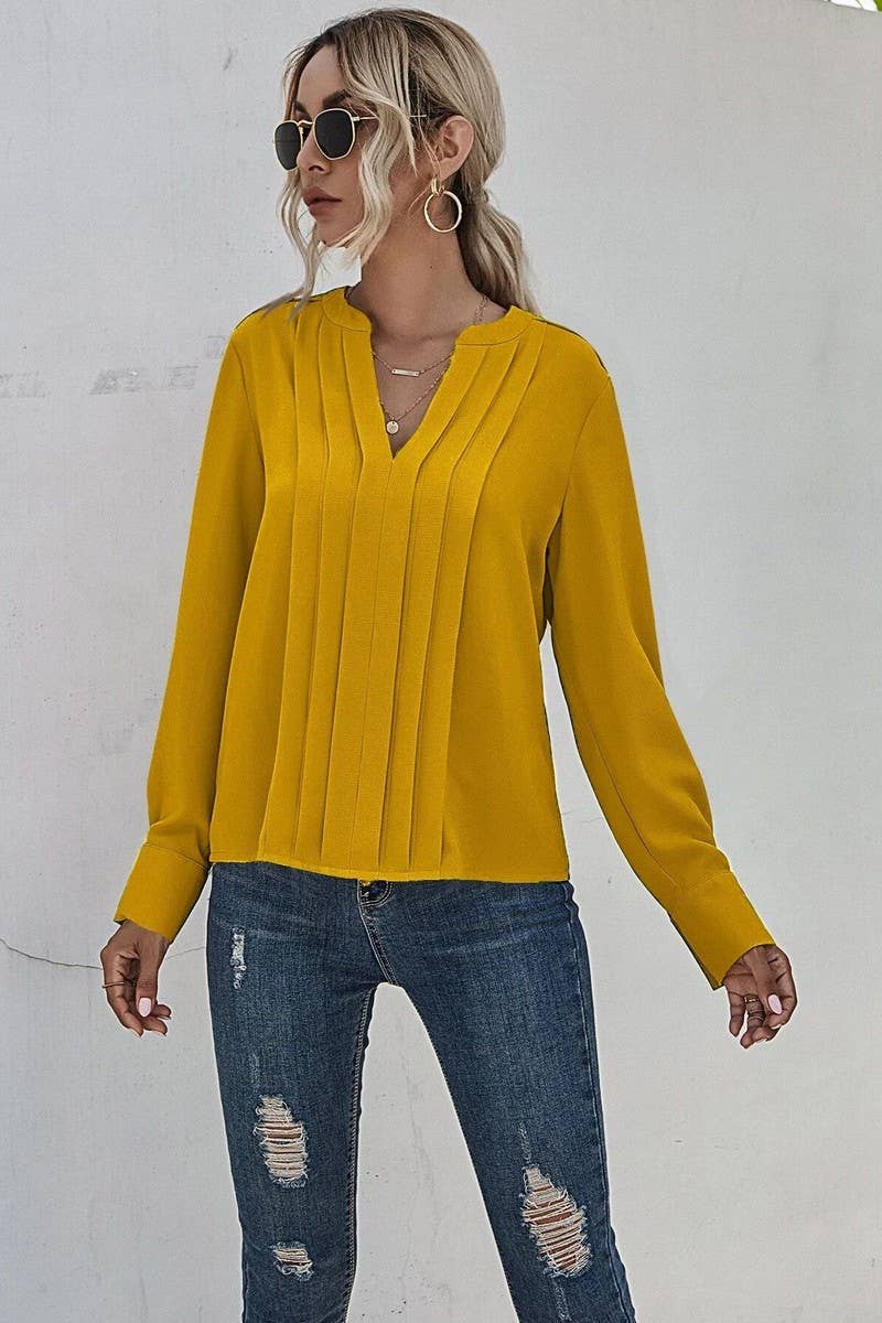 V NECK LONG SLEEVED PLEATED PULLOVER SHIRT_CWTSTL0695