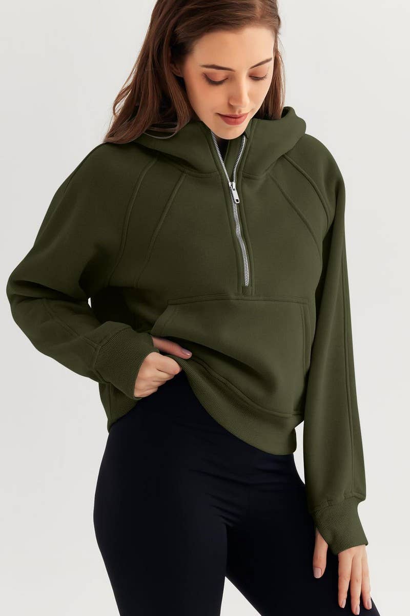 CWOHOL00598_SOLID COLOR CASUAL HALF-ZIP CROPPED HOODIE
