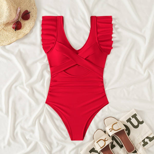 RUFFLED SMALL FLYING SLEEVE TUMMY CONTROL SWIMSUIT
