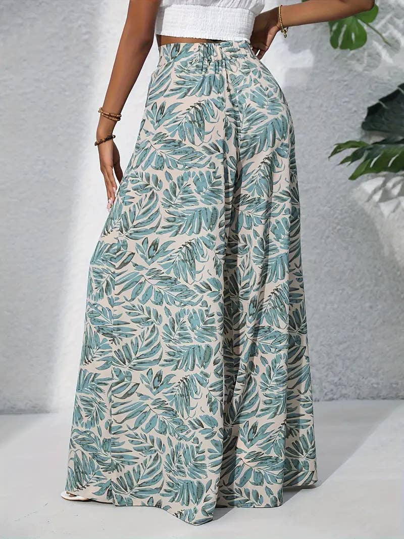Plant-printed high-waisted wide-leg trousers