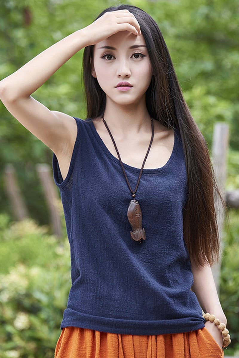 Cwtblsl0565_Loose Cotton And Linen Sleeveless Vest