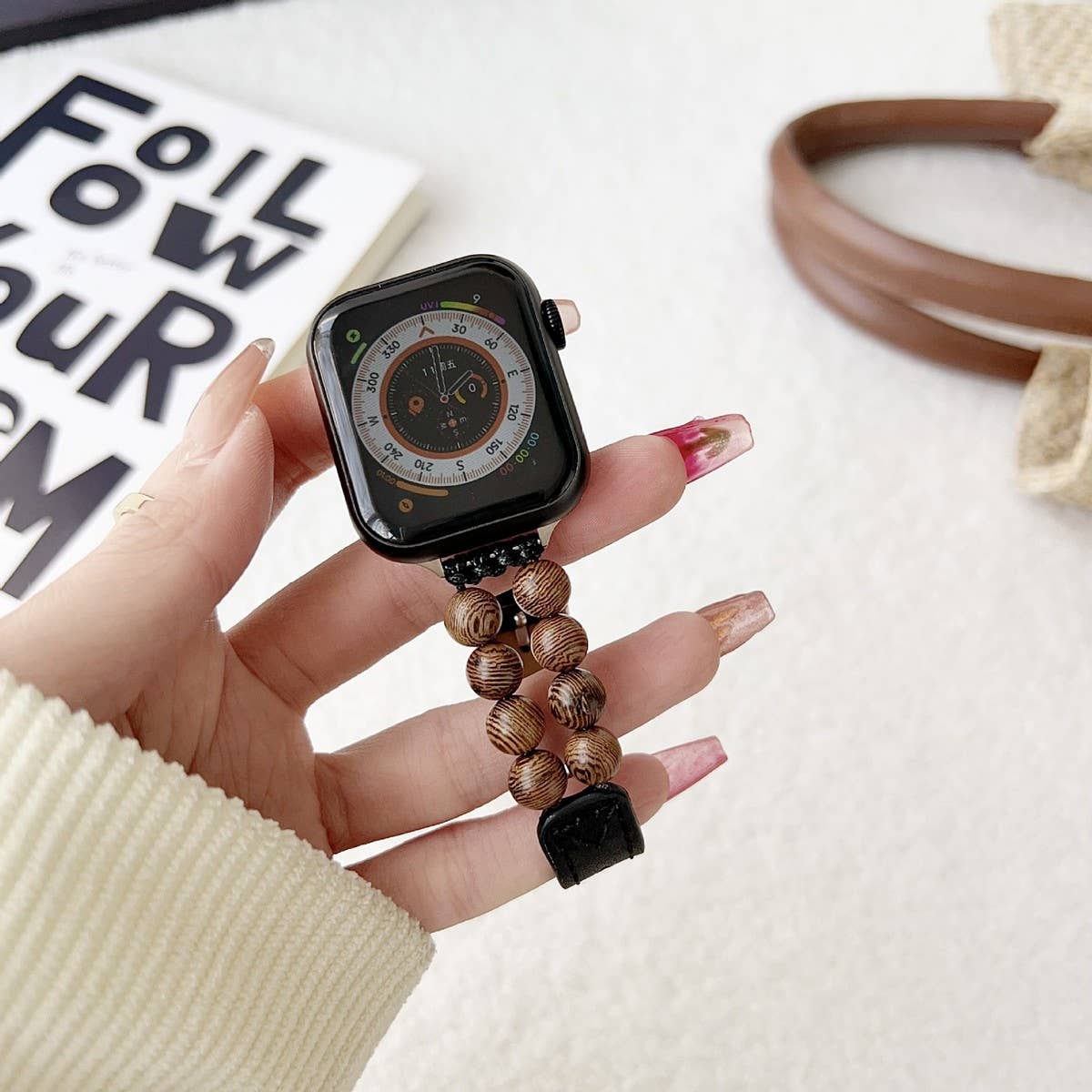 IWATCH9-1 SE WOODEN BEADS GENUINE LEATHER STRAP