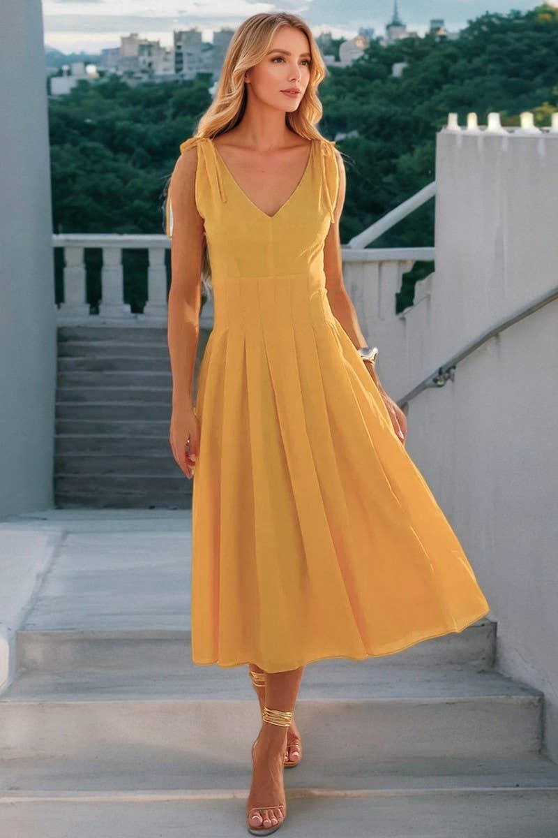 CWDMD6203_ELEGANT V-NECK TIE WAIST A-LINE DRESS