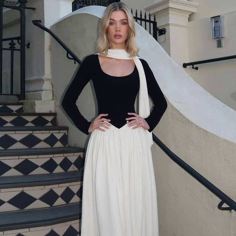 Off-the-shoulder long-sleeved patchwork dress