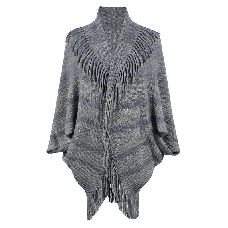 FRINGED CAPE COAT KNITTED STRIPED CAPE WOMAN