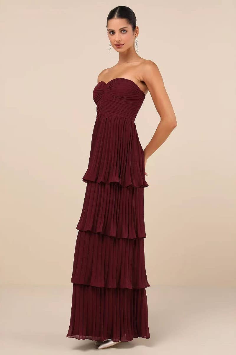 CWDTD0483_PLEATED BEACH STRAPLESS TIERED CAKE DRESS