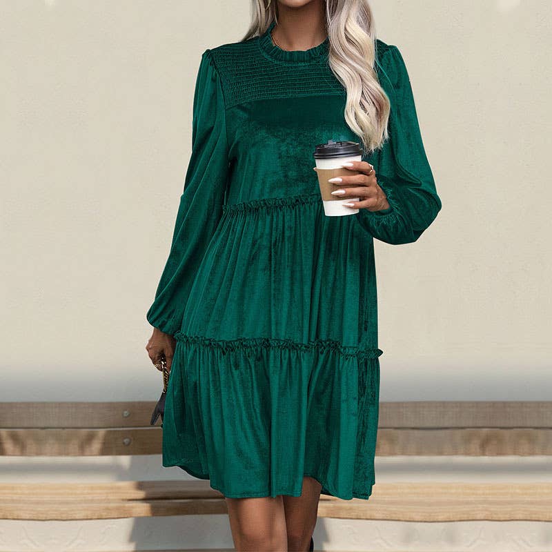 VELVET RUFFLED PATCHWORK PULLOVER DRESS