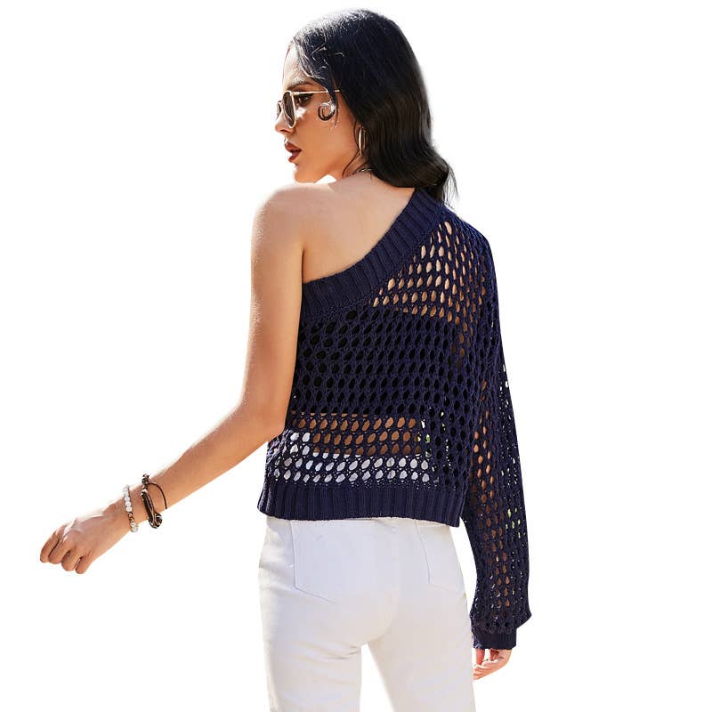 SOLID COLOR SLANT SHOULDER HOLLOWED LOOSE BLOUSE