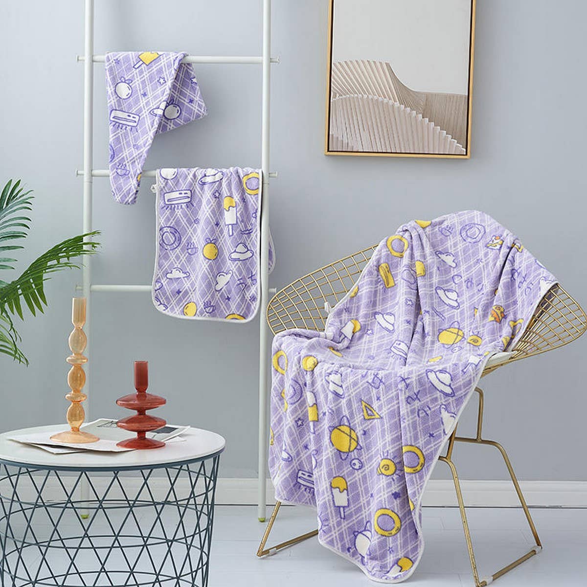 CORAL FLEECE PRINTED SHOWER CAP TOWEL BATH TOWEL