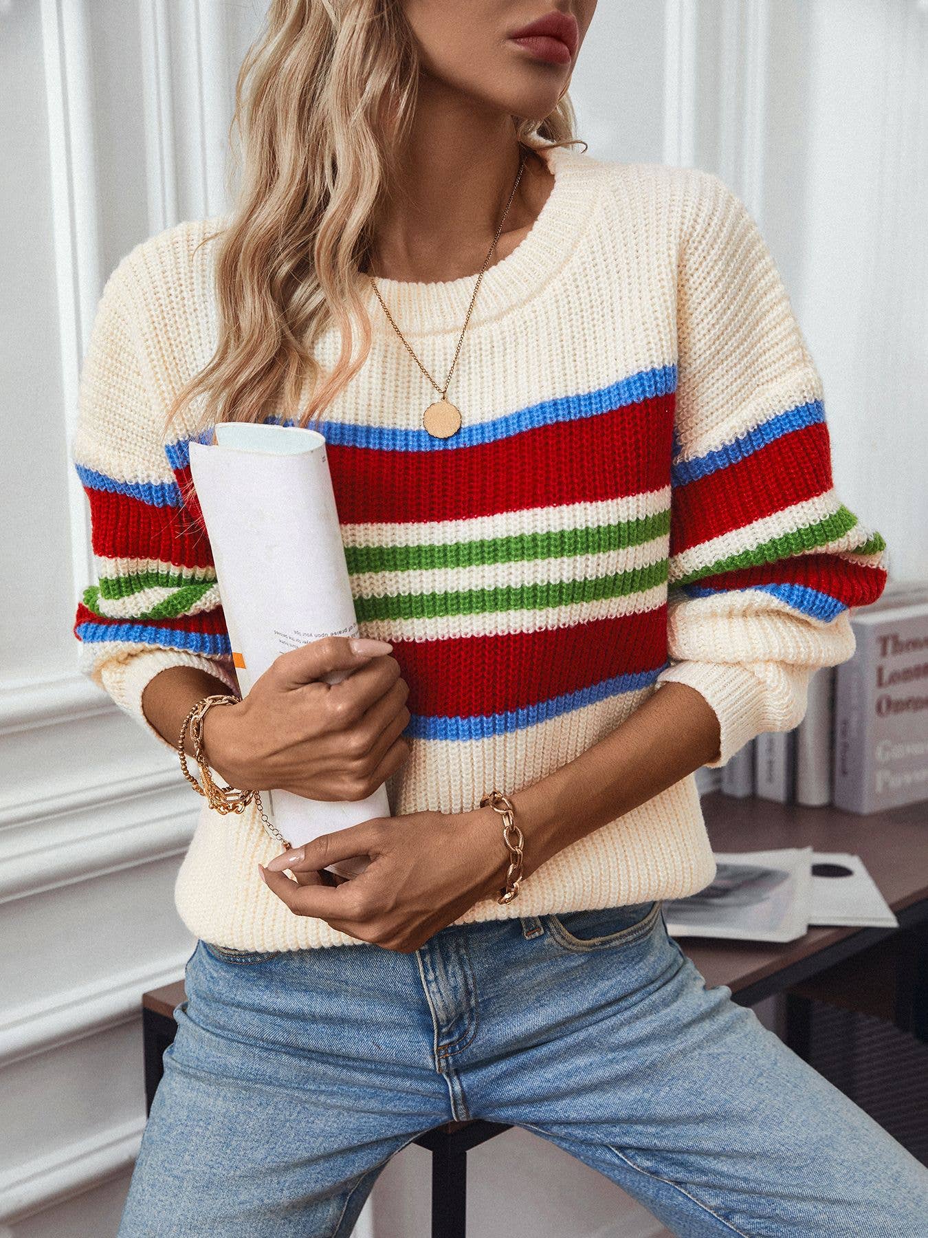 STRIPED PULLOVER FASHION CASUAL CREW NECK SWEATER