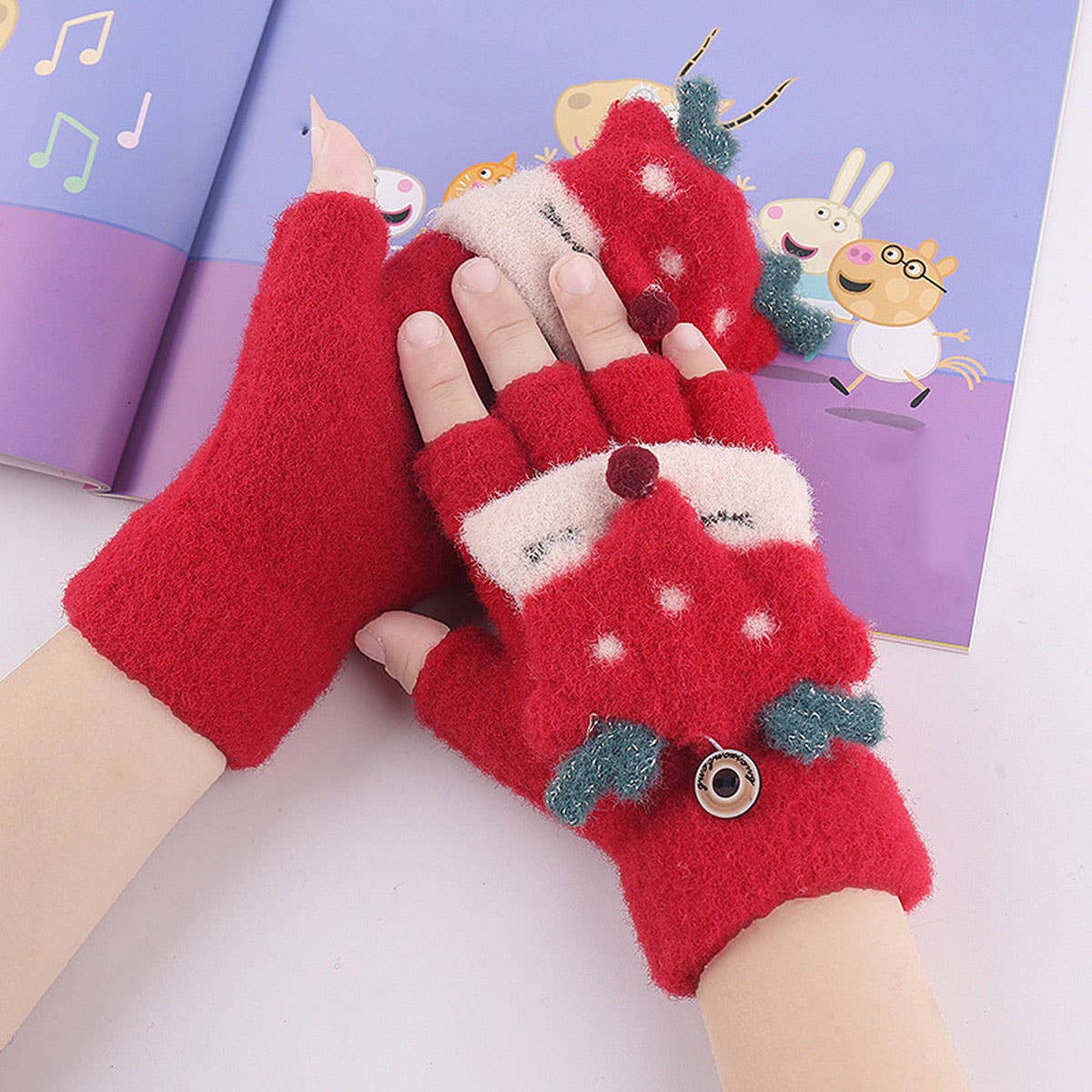 CARTOON HALF-FINGER FLAP KNITTED VELVET GLOVES_CWAG0238