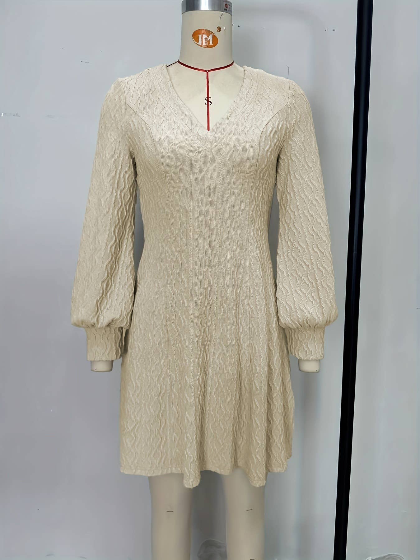 V-neck lace trim lantern sleeve dress