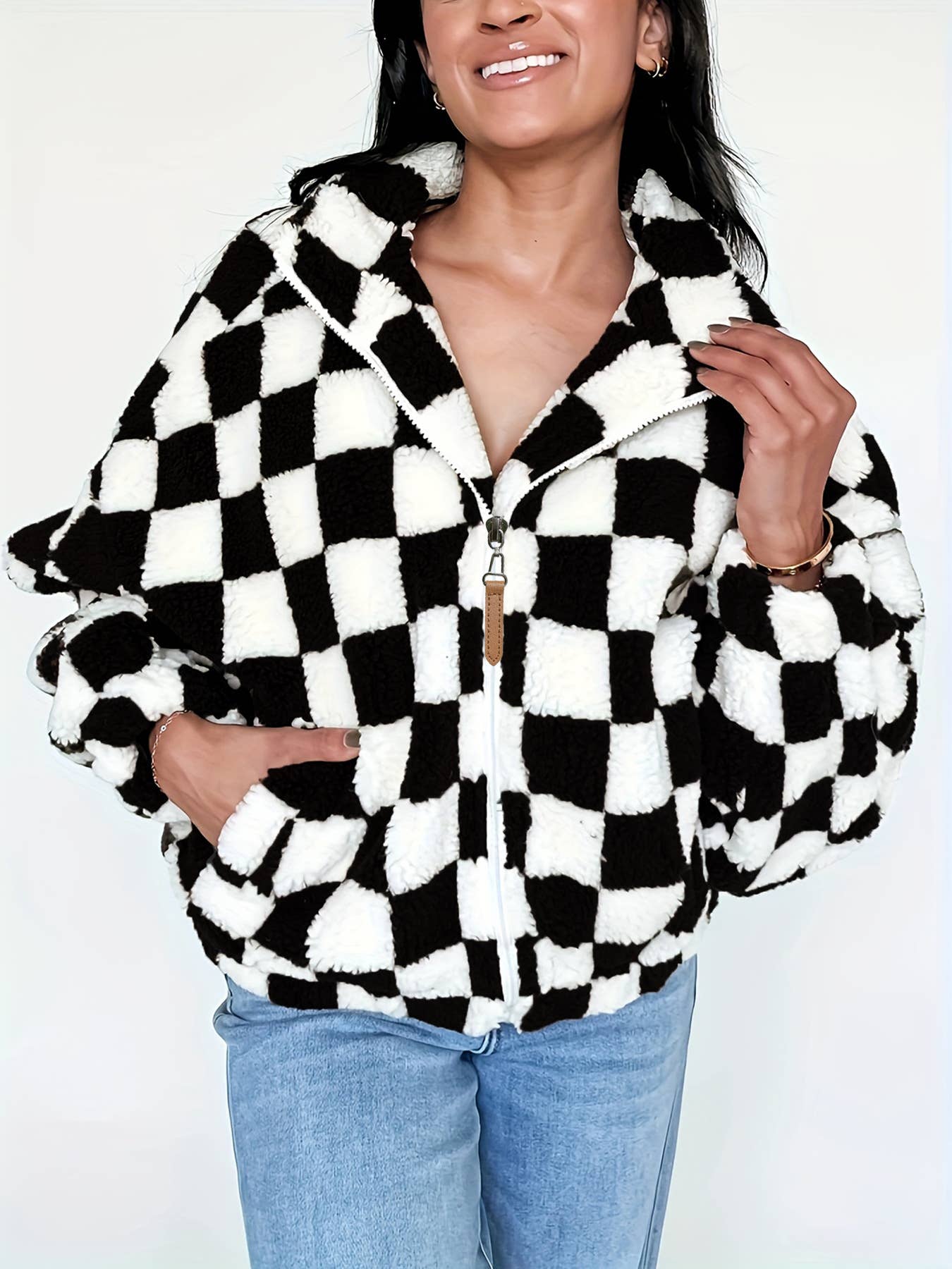 Stand-up collar zipper checkered fleece jacket
