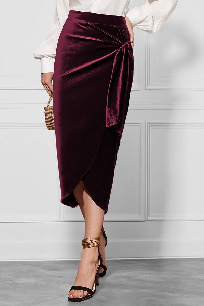 CWBMS00476_SOLID COLOR TWIST SLIT VELVET MIDI SKIRT