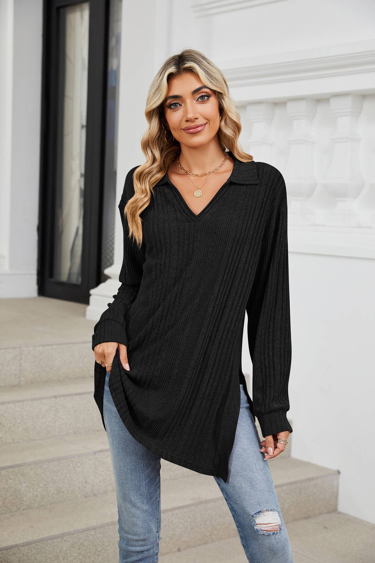 Solid-color V-neck long-sleeved loose slit Top