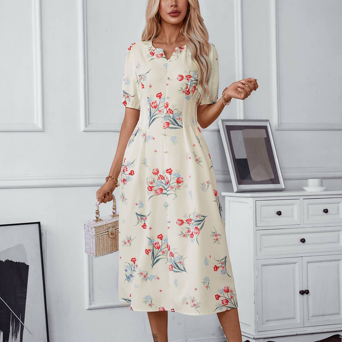 NOTCHED V-NECK ELEGANT PRINTED SHORT SLEEVE DRESS