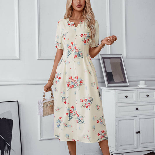 NOTCHED V-NECK ELEGANT PRINTED SHORT SLEEVE DRESS